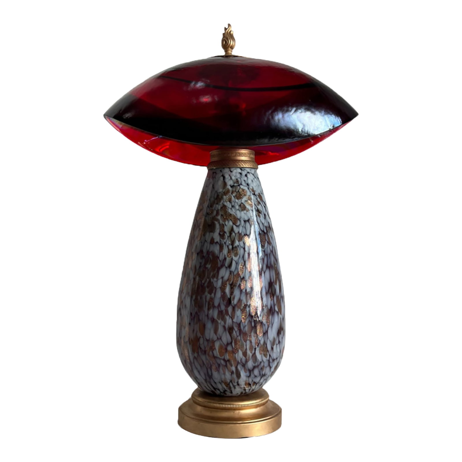 Art Glass Abstract Red Mushroom Table Lamp: This unique, one-of-a-kind art glass table lamp features an abstract mushroom-inspired design, skillfully crafted from blown glass by master artisans in Murano, Italy. The lamp's teardrop-shaped base