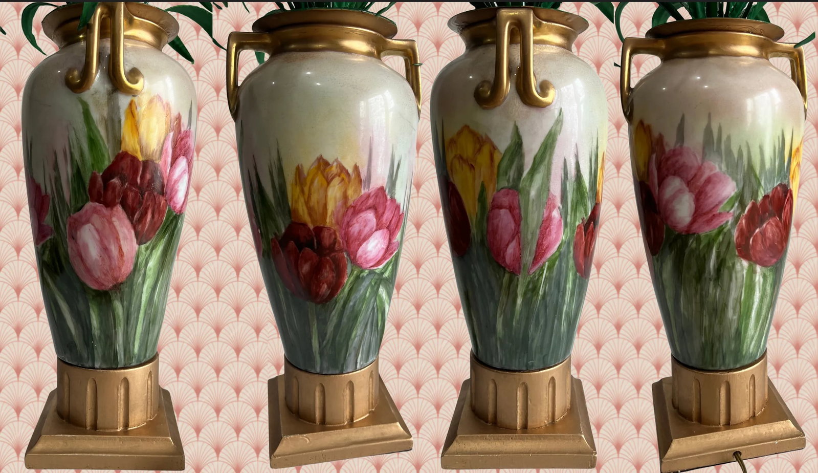 Mid-Century Florentine Tole Lillies and Porcelain Hand Painted Tulips Table Lamp - 5