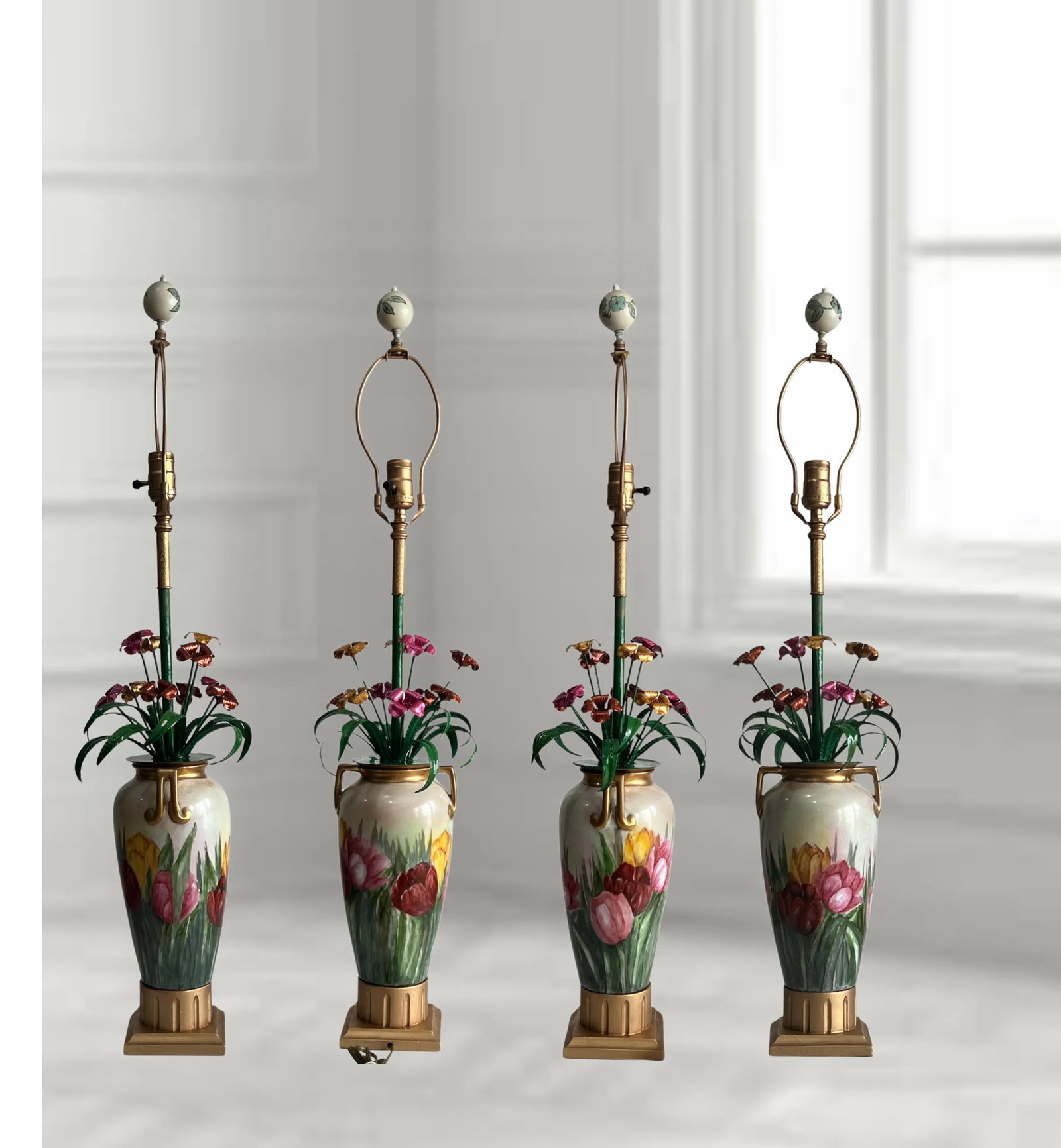 Mid-Century Florentine Tole Lillies and Porcelain Hand Painted Tulips Table Lamp - 8