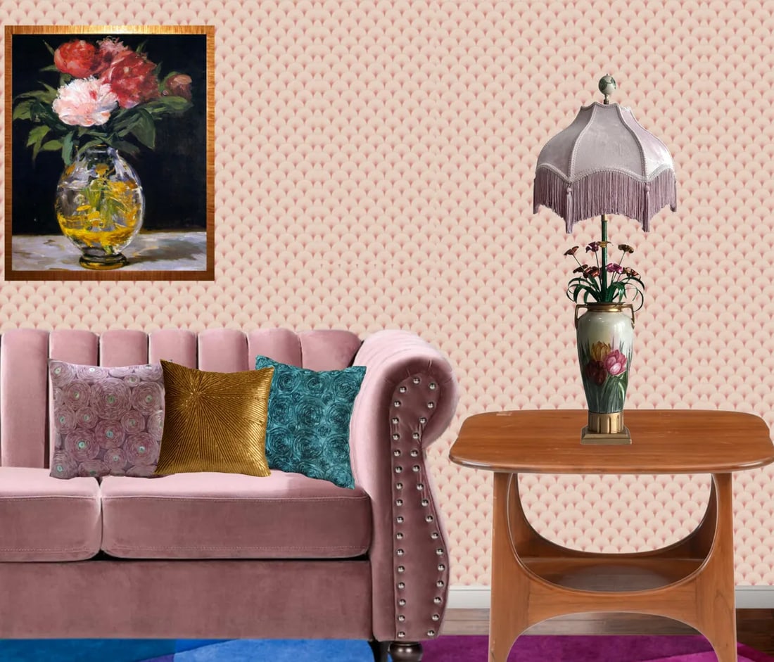 Mid-Century Florentine Tole Lillies and Porcelain Hand Painted Tulips Table Lamp - 9