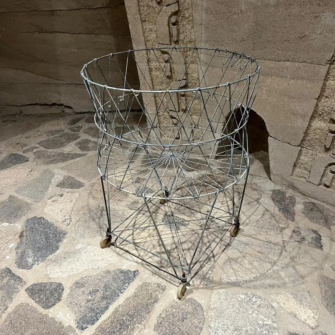 Antique Wire Laundry Basket Wheeled Collapsible - 10