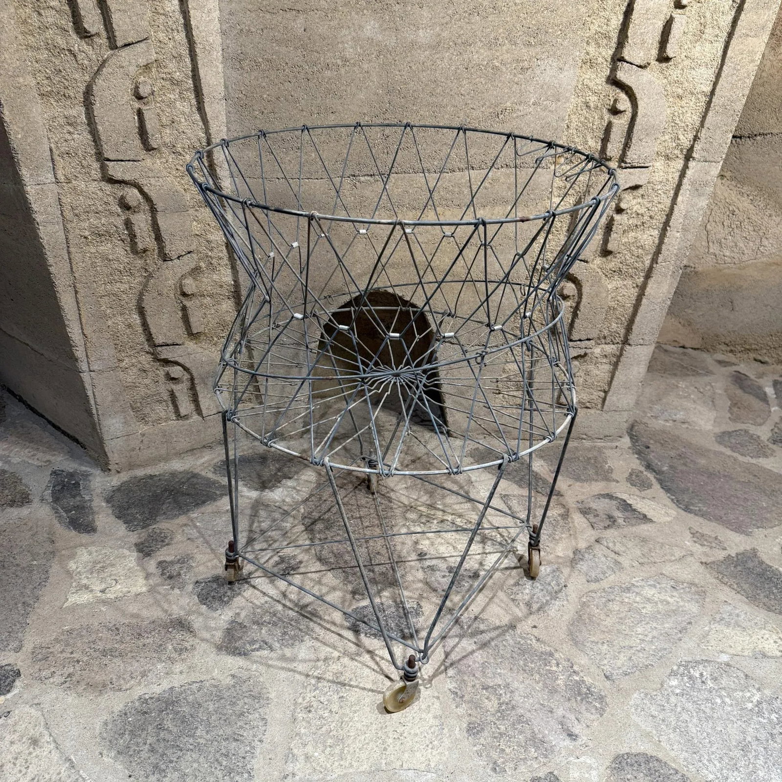 Antique Wire Laundry Basket Wheeled Collapsible - 11