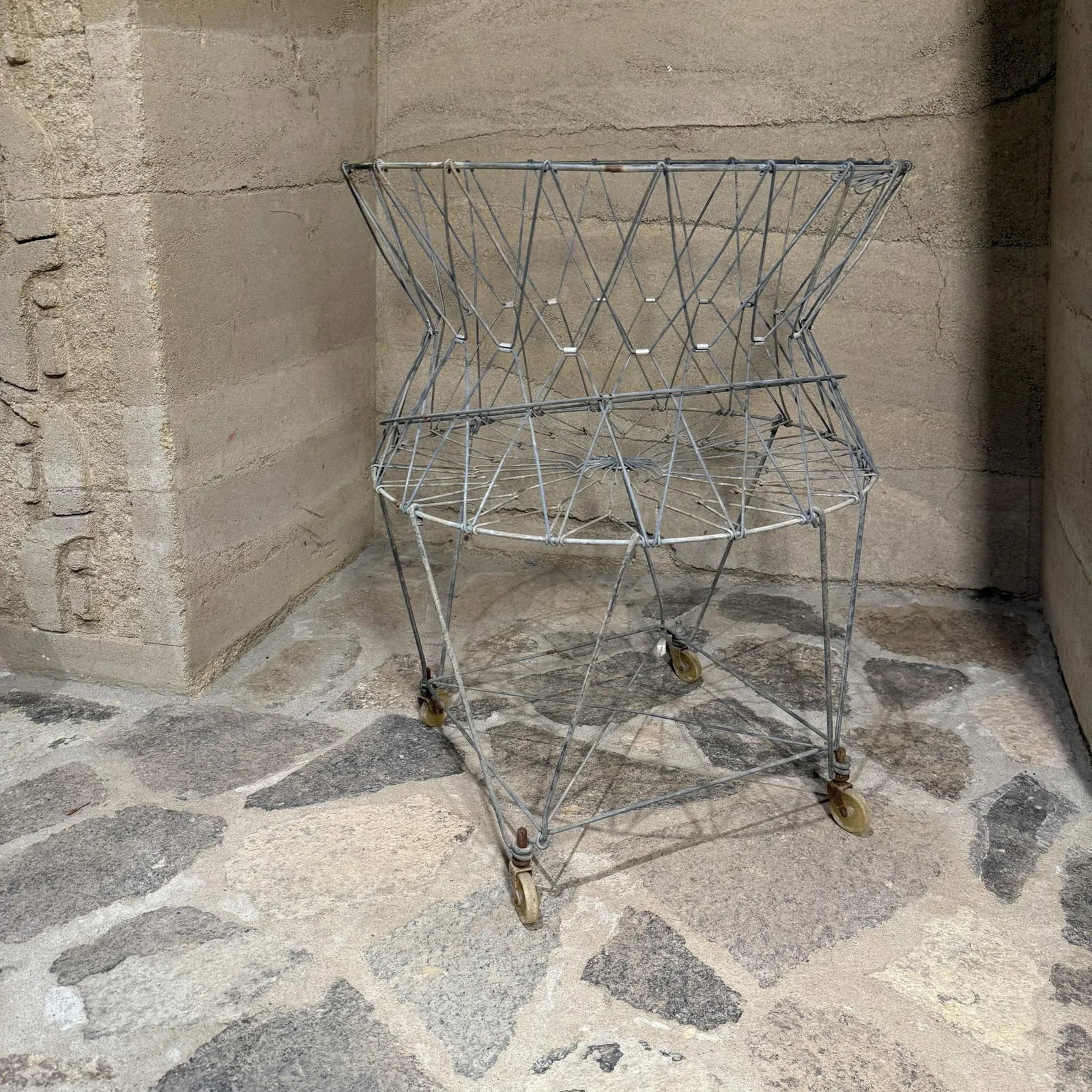 Antique Wire Laundry Basket Wheeled Collapsible - 12