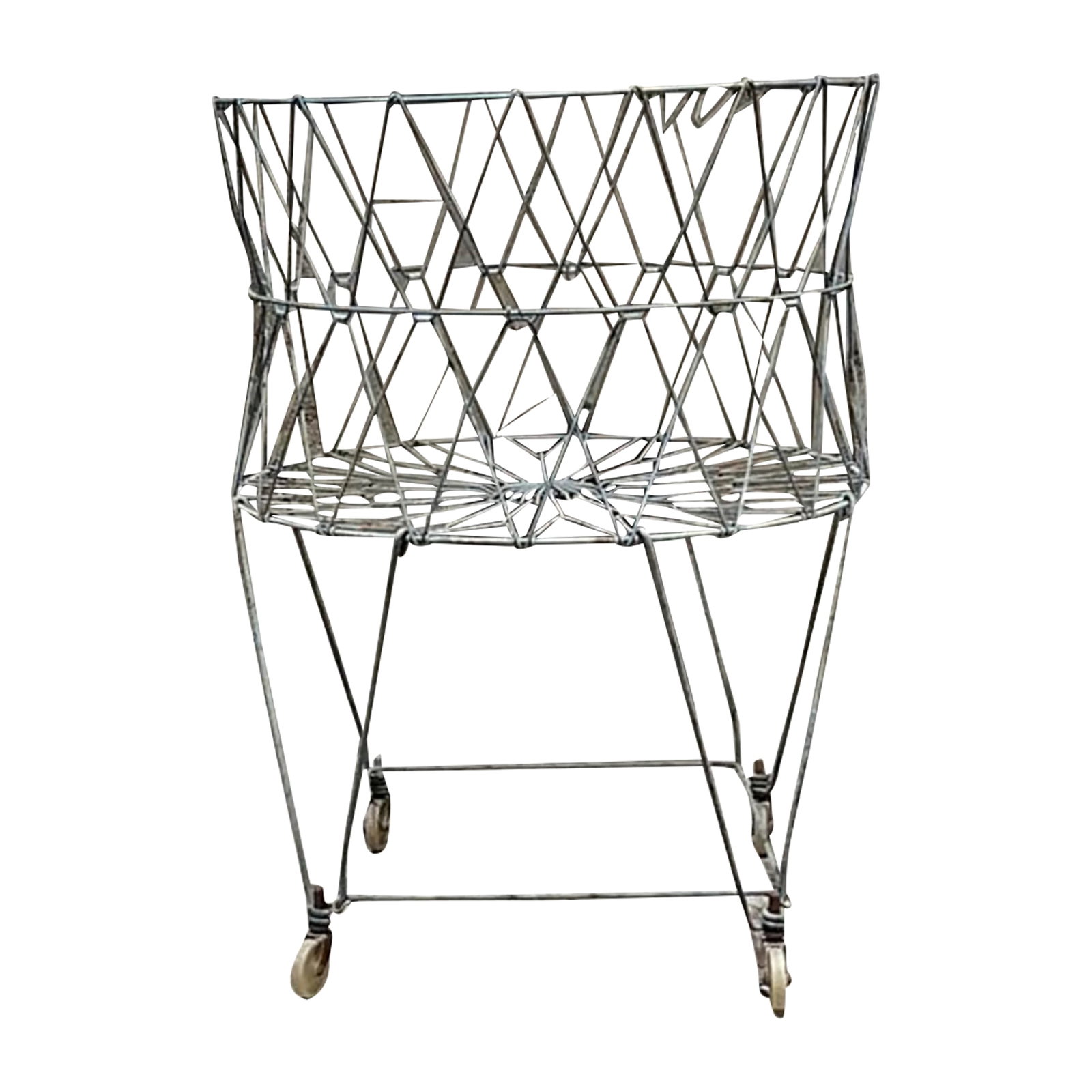 Antique Wire Laundry Basket Wheeled Collapsible: For your consideration, an antique wire basket laundry on castors wheeled plus collapsible. Dimensions: 29.5" H x 22.25" diameter. Please visit take a look at our listings, we have an amazing curated