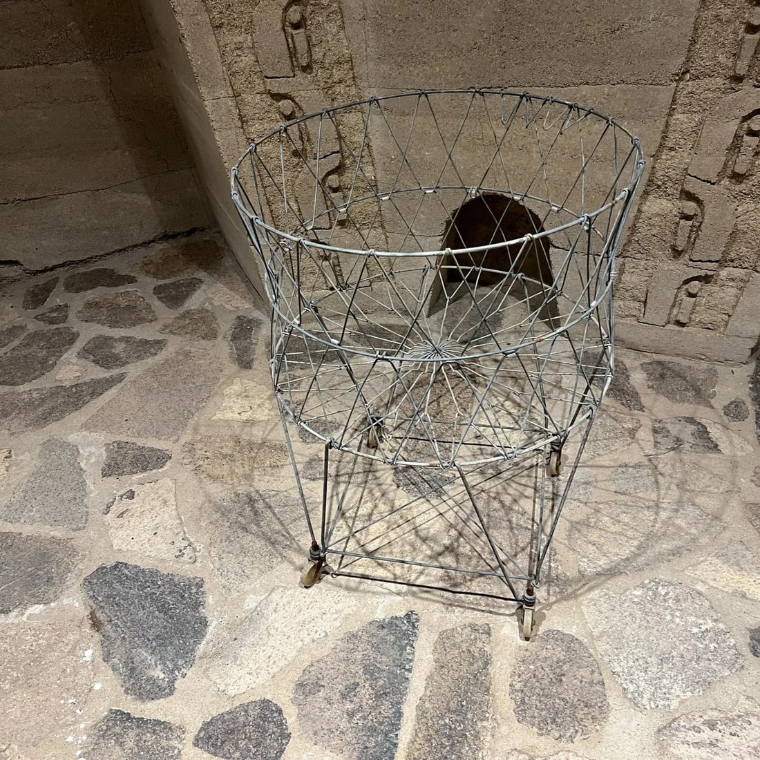 Antique Wire Laundry Basket Wheeled Collapsible - 3