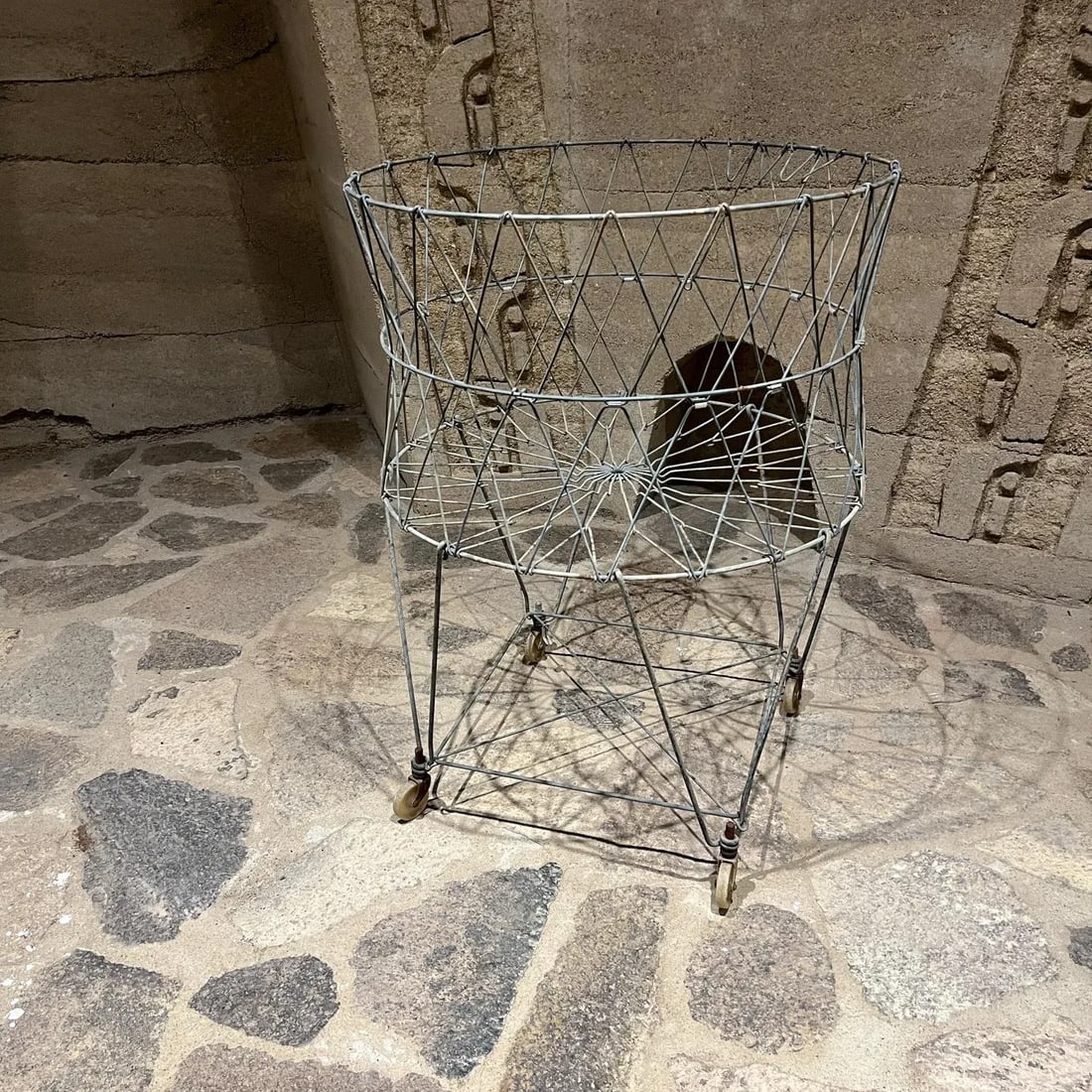 Antique Wire Laundry Basket Wheeled Collapsible - 4