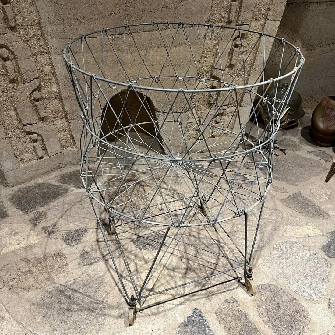 Antique Wire Laundry Basket Wheeled Collapsible - 5