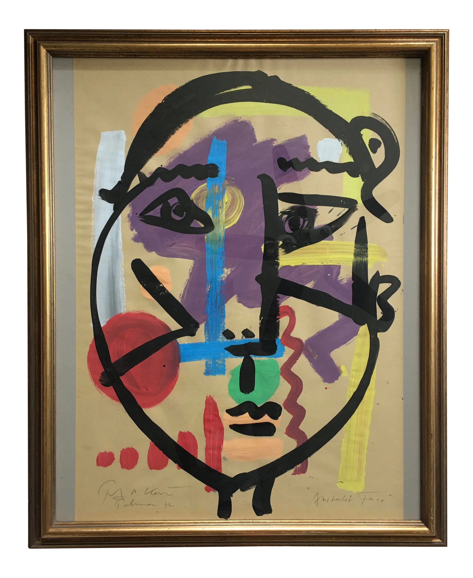 Abstract Face Titled Painting by Peter Keil, 1972: Peter Keil is a German artist that focuses primarily on abstract expressionism. Keil painted with some of the greats including Joan Miró, Pablo Picasso and Andy Warhol, to name a few. This piece