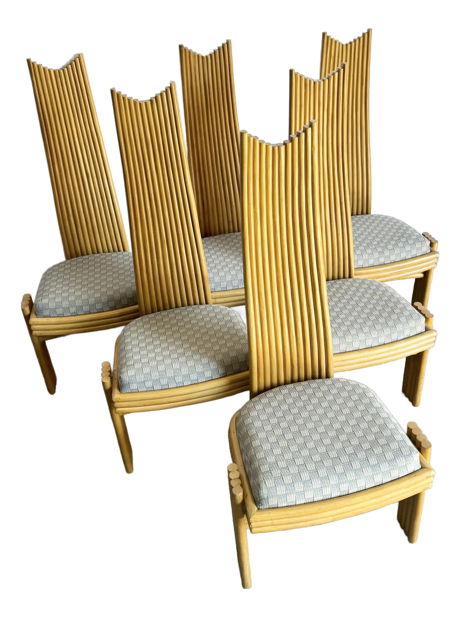Coastal Boho Rattan High Back Dining Chairs - Set of 6: Bring a touch of coastal boho charm to your dining space with this striking set of six high-back rattan chairs. Featuring sculptural, slatted rattan frames with an eye-catching wave-like silhouette, t