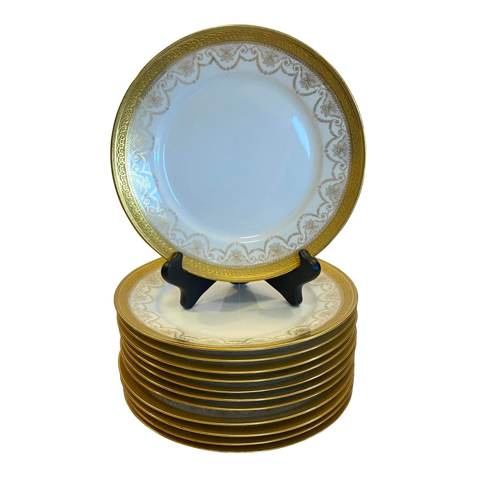 Antique Limoges Gilt Salad Luncheon Plates by Wm. Guérin & Co., France - Set of 12: An elegant set of antique French Limoges salad or luncheon plates by Wm. Guérin & Co., featuring a richly gilded rim with intricate scrolling and floral detailing over luminous white porcelain.