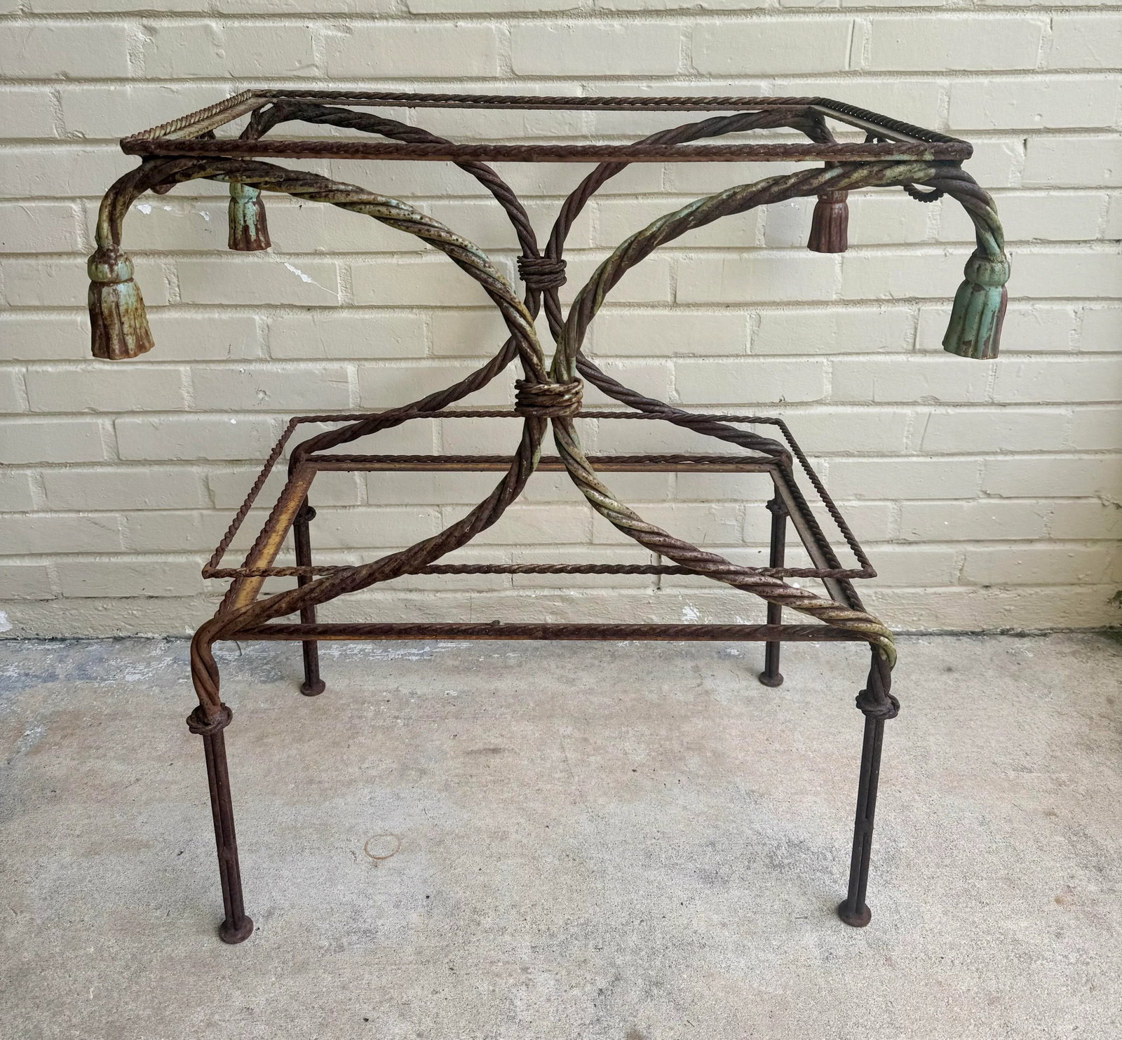 Vintage Regency Faux Rope and Tassel Patinated Wrought Iron Indoor or Outdoor Garden Table Base - 3