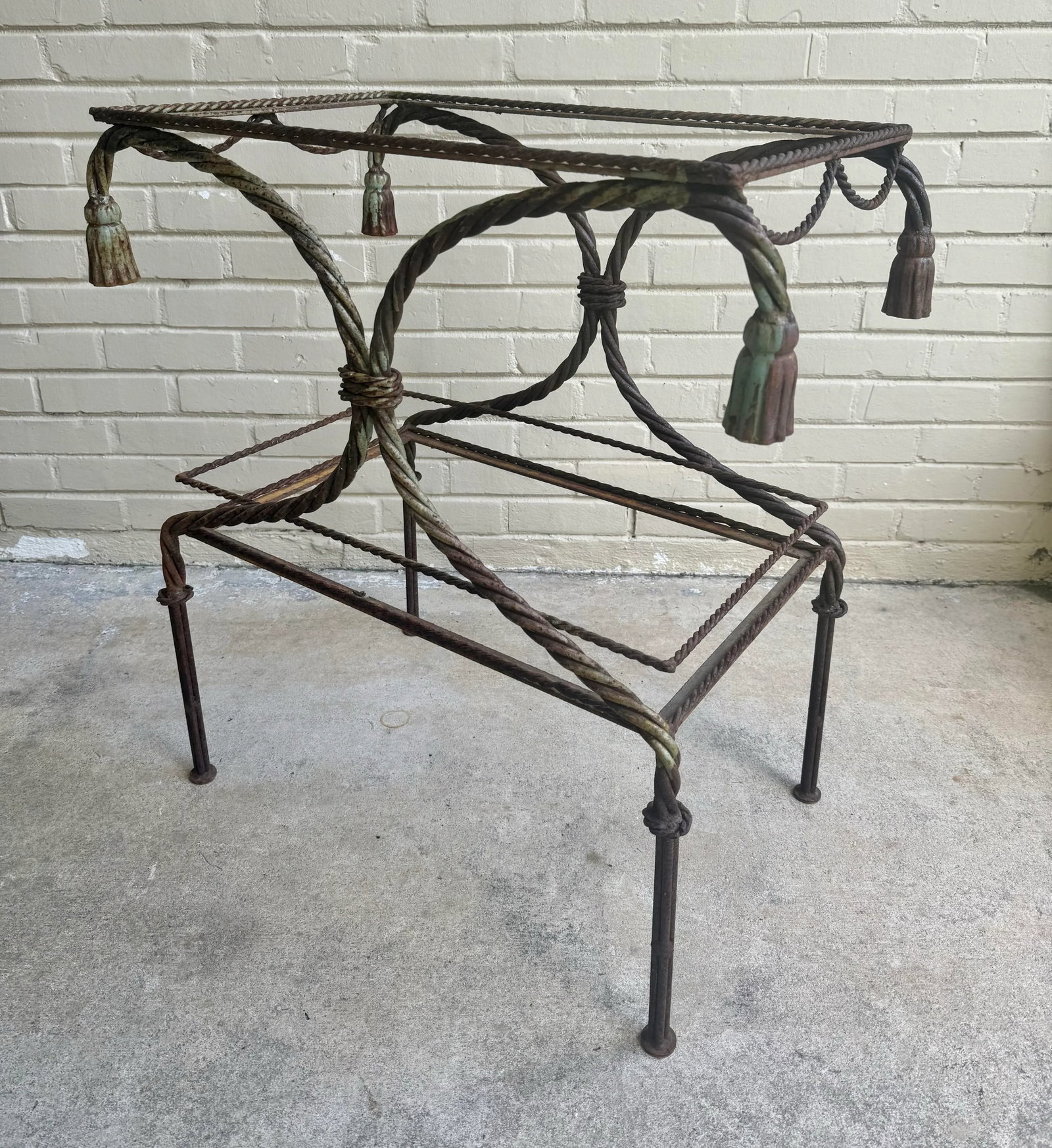 Vintage Regency Faux Rope and Tassel Patinated Wrought Iron Indoor or Outdoor Garden Table Base - 4