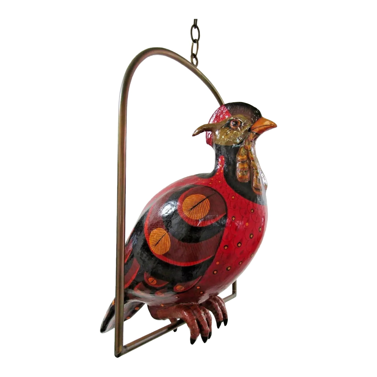 1970s Vintage Sculpture Large Paper Mache Bird on Hanging Brass Perch Attributed to Sergio Bustamant: Vintage Large Paper Mache Bird on Hanging Brass Perch attributed to Sergio Bustamante This paper mache grouse is of the size, style and design found in Sergio Bustamante's works. From the height of
