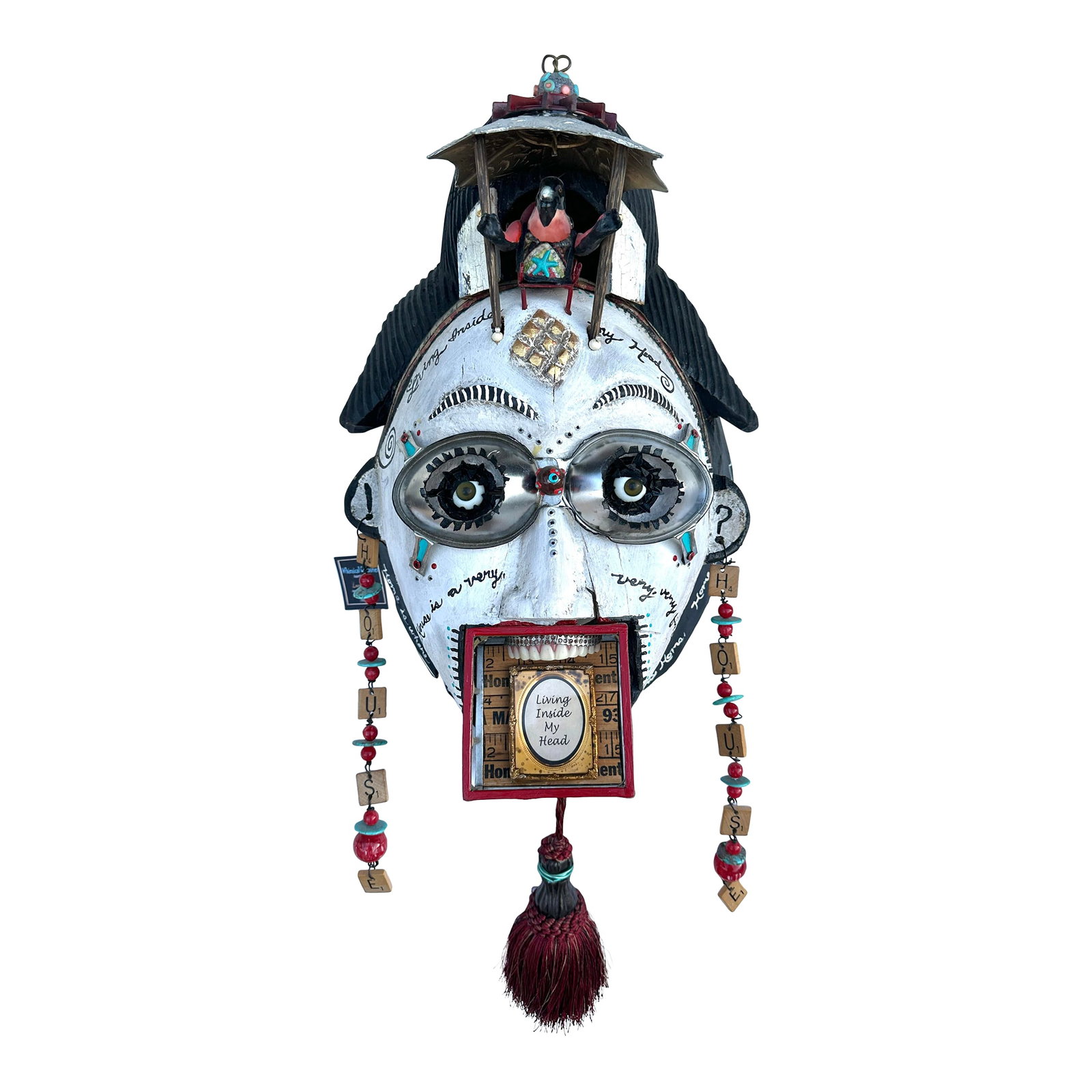 Whimsical Mixed Media Wall Art "Living Inside My Head" by Lauretta Lowell: Lauretta Lowell's Mixed Media Wall Art "Living Inside My Head" One of a Kind Piece 1/1 Lauretta Lowell is an awarding-winning mixed media assemblage artist from Santa Barbara who now resides in Palm
