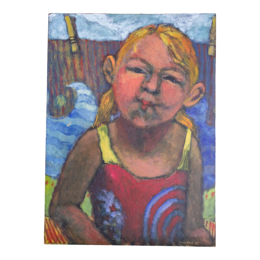 Bright Fauvist Style Portrait Painting of Girl in Swimsuit by Amy Scherer: A bright and muted Fauvist-style portrait painting by Seattle-based artist Amy Scherer, of a young girl in a swimsuit posing with 'fish lips' with abstract ocean and beach imagery in the background.