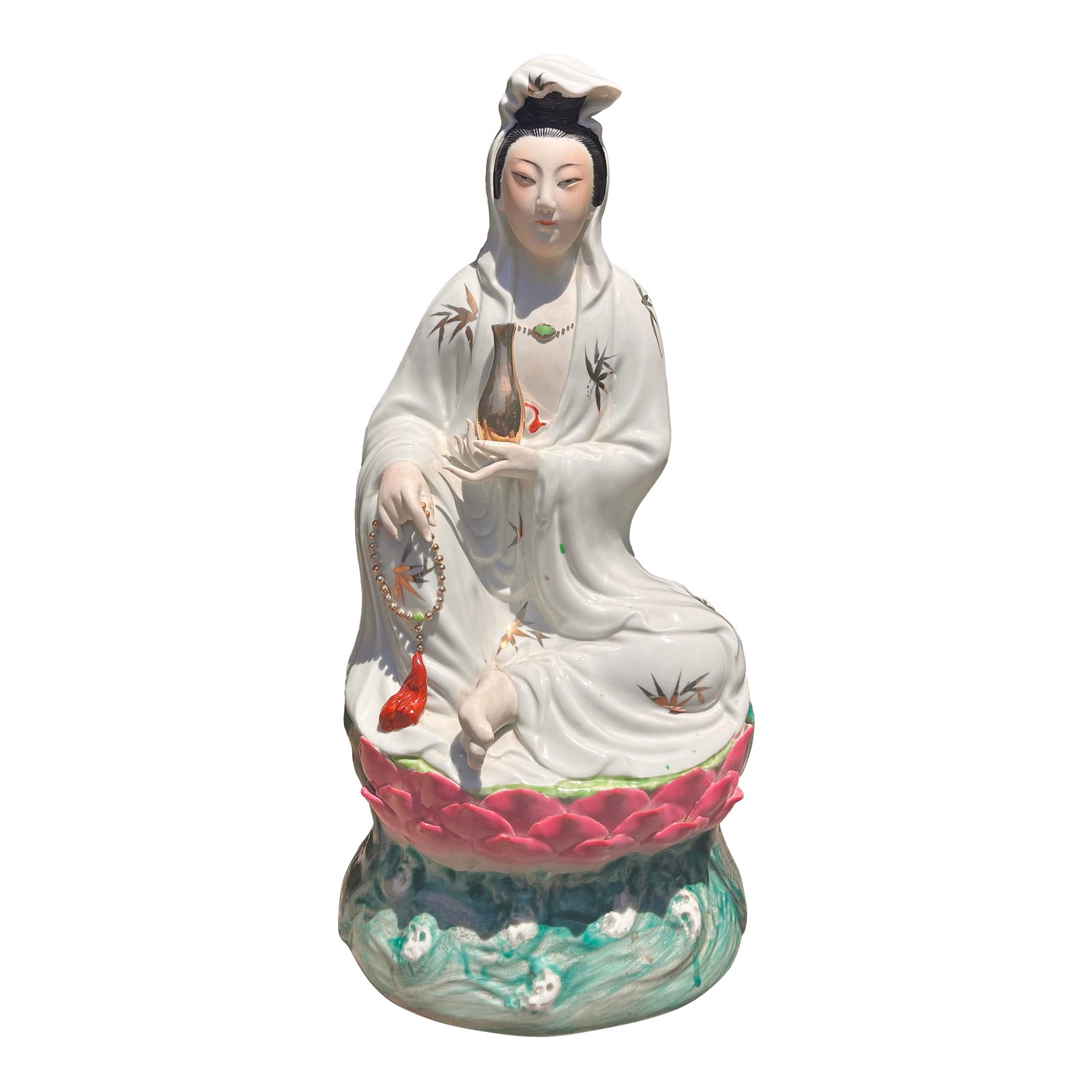 Mid 20th Century Chinese Porcelain Statue in Repose: Chinese porcelain statue in repose with jade stone detail on lotus above a sea of souls. Condition: Alterations: Original Condition Unaltered Imperfections: Some Imperfections Condition Notes: Good