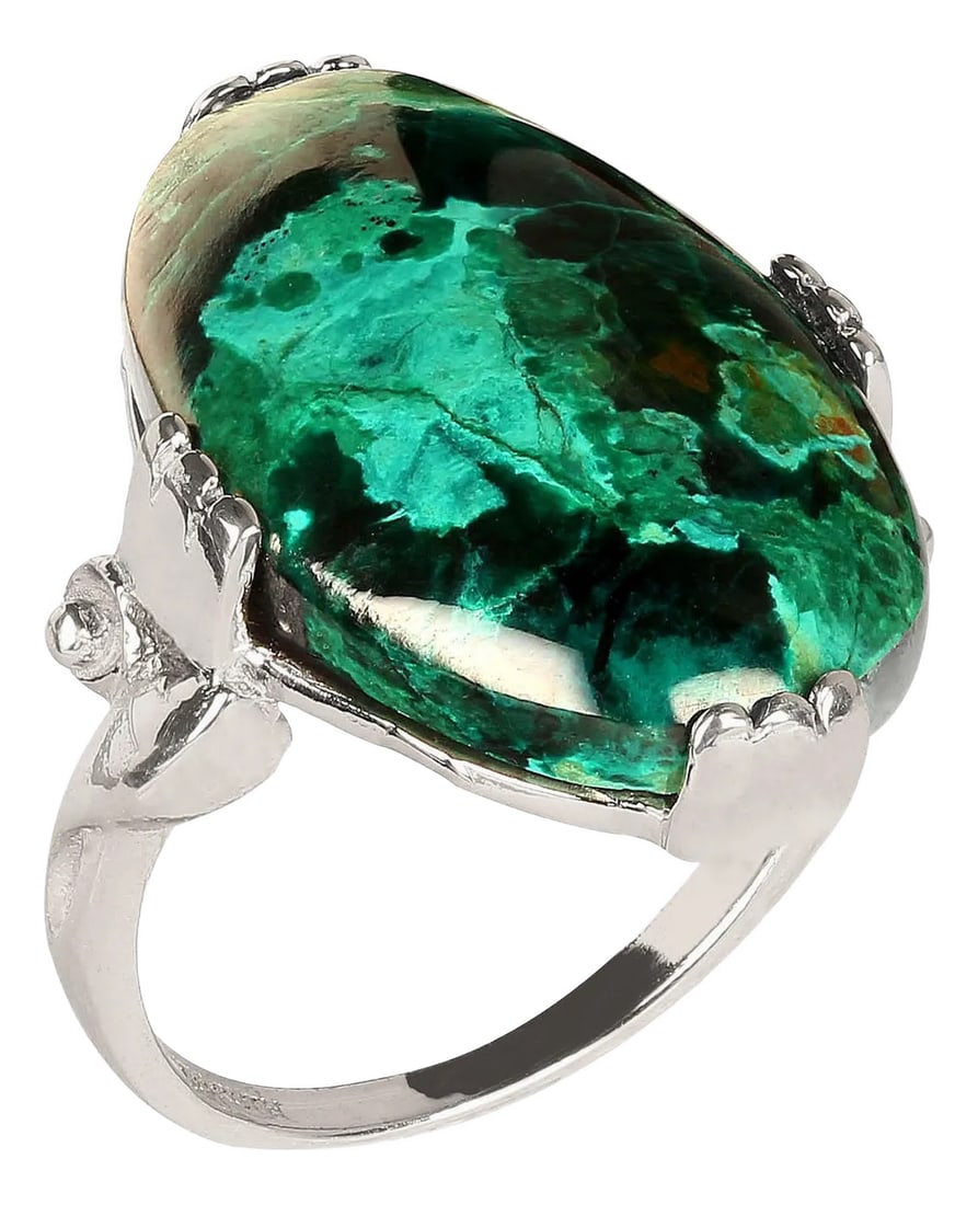 Ajd Elegant Chrysocolla Cabochon in 14k White Gold Ring, Size 7.5: Elegant 14K White Gold Chrysocolla Cabochon Ring – 12.58 Carats Discover timeless beauty with this stunning Chrysocolla Cabochon ring, crafted in 14K white gold. The exquisite 12.58-carat oval