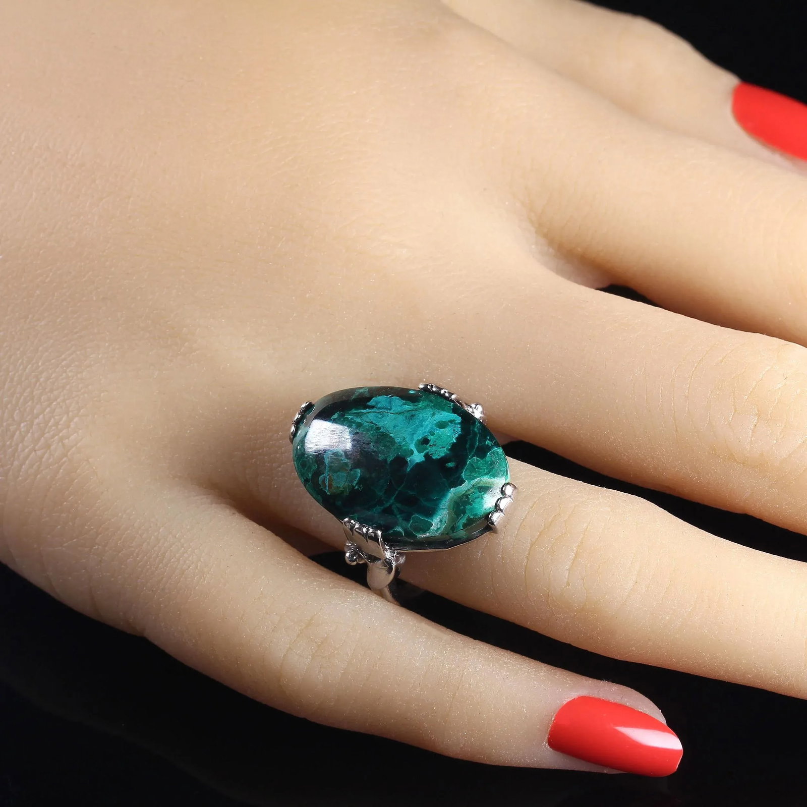 Ajd Elegant Chrysocolla Cabochon in 14k White Gold Ring, Size 7.5 - 2
