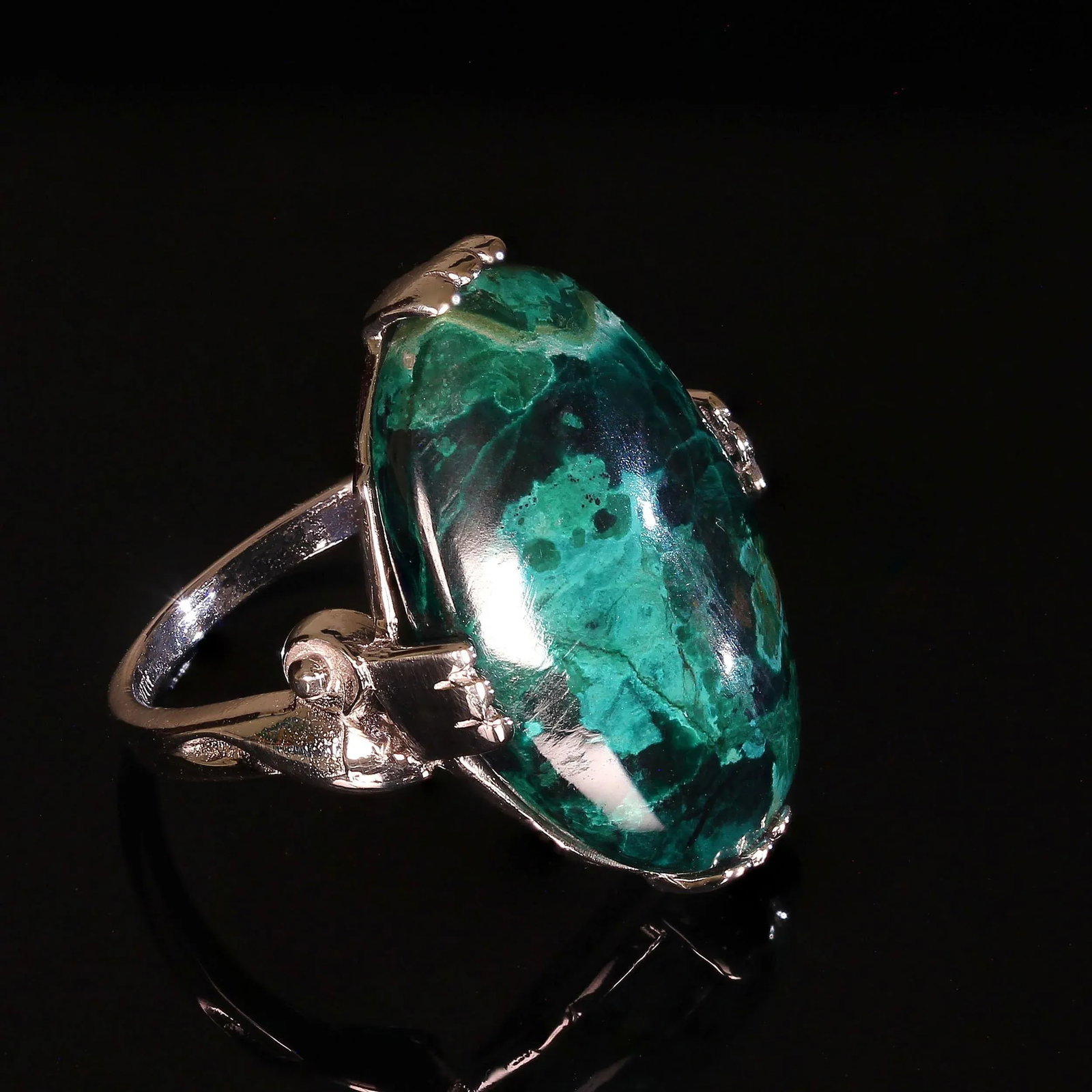 Ajd Elegant Chrysocolla Cabochon in 14k White Gold Ring, Size 7.5 - 4