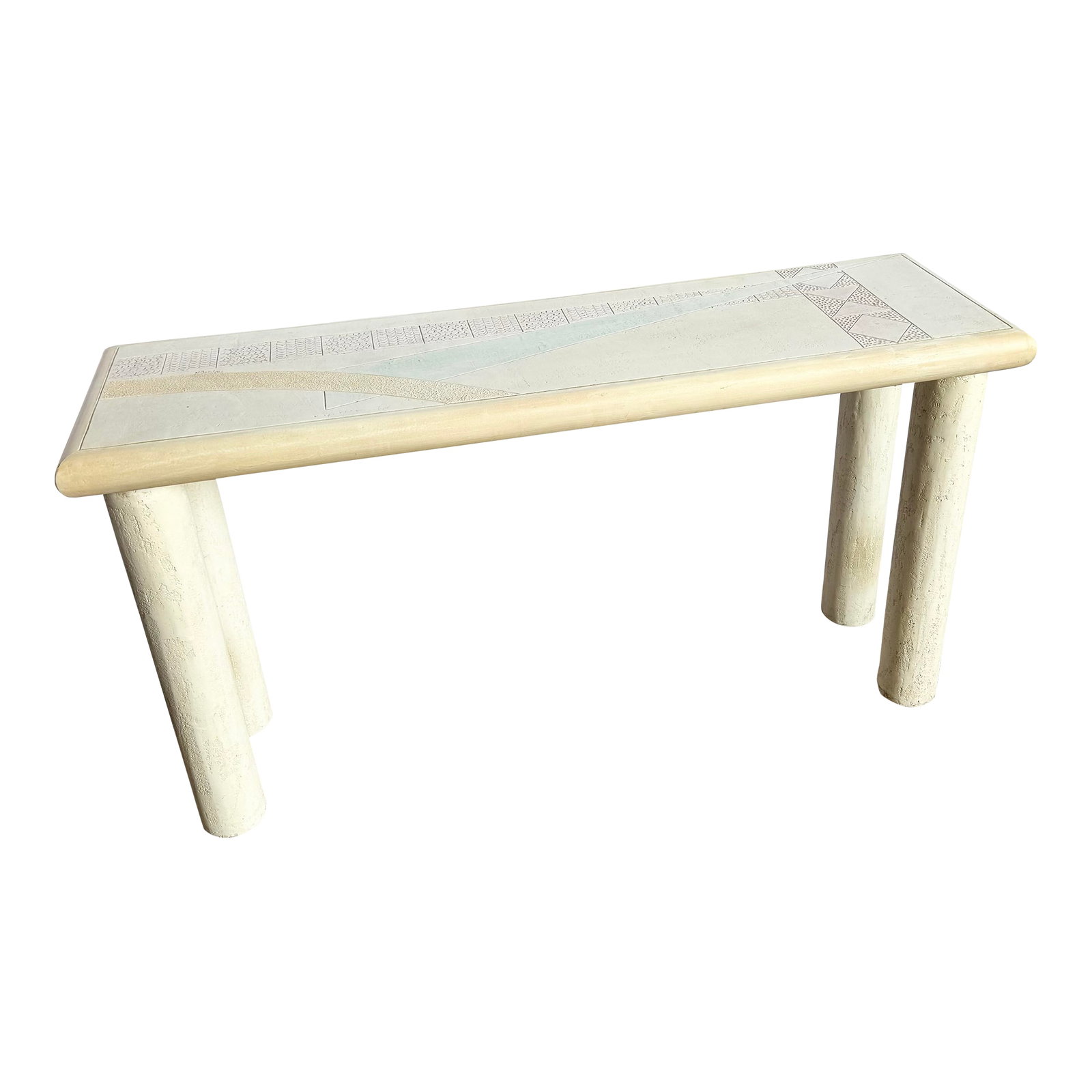 Vintage Postmodern J Berdou Signed Plaster Finished Console Table: This sculptural console table by J. Berdou captures the spirit of postmodern design with a soft, coastal palette and tactile surface textures. The plaster finish features etched and inlaid geometric