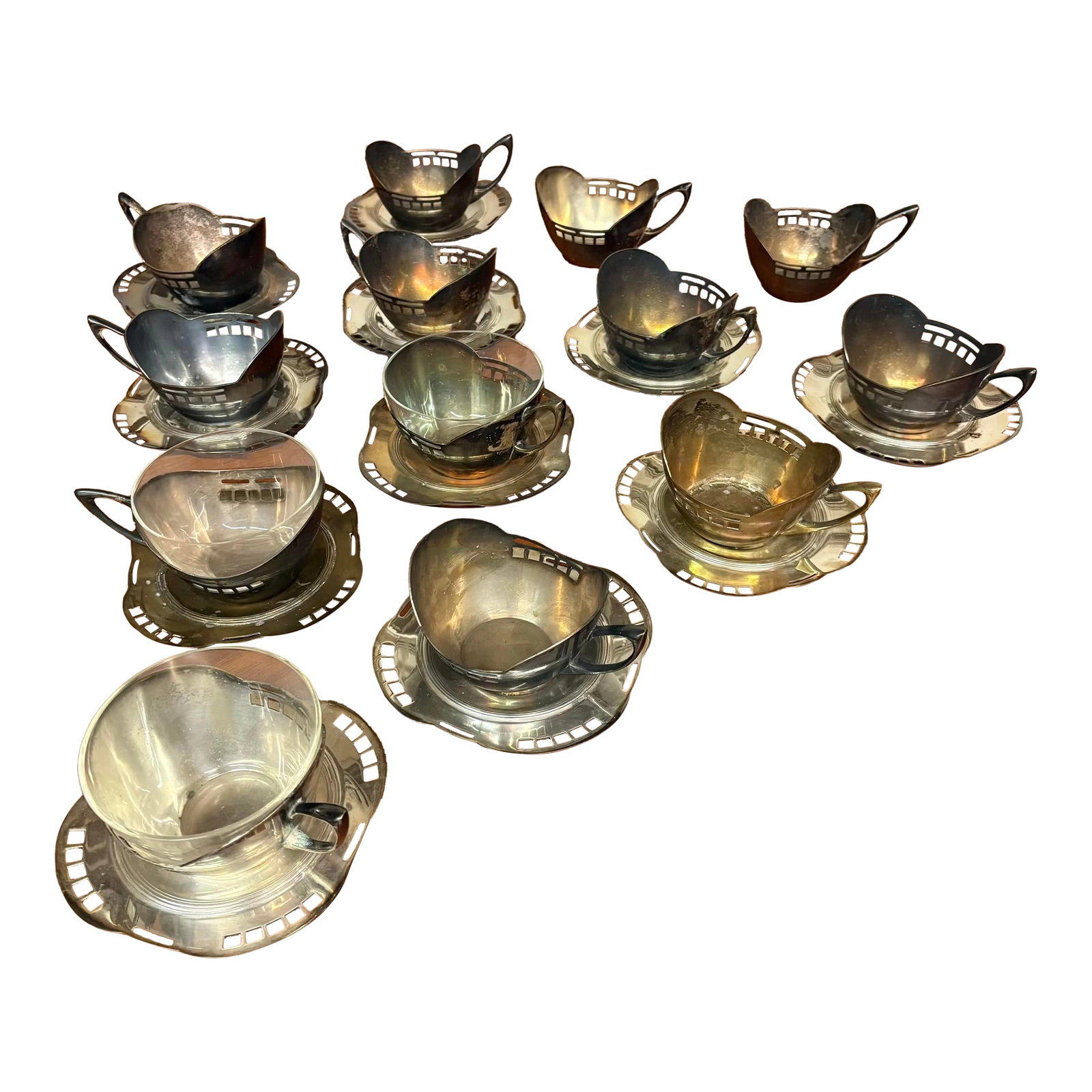 Argentor Vienna Silver Plate Cups and Saucers, Attributed to Josef Ofner 13 Cups, 11 Saucers, 3 Glas: Vintage Argentor Vienna Silver Plate Cups and Saucers, Attributed to Josef Ofner Set of 13 Cups, 11 Saucers, 3 Glass Inserts A beautifully crafted collection of silver-plated cups and saucers made in