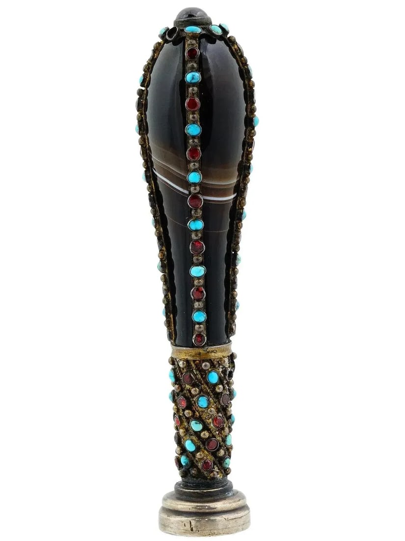 Antique Silver Turquoise and Garnet Mounted Black Agate Seal - 2