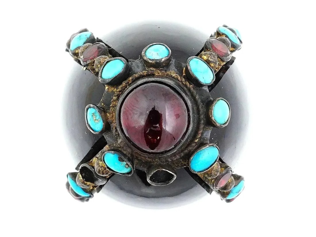Antique Silver Turquoise and Garnet Mounted Black Agate Seal - 3