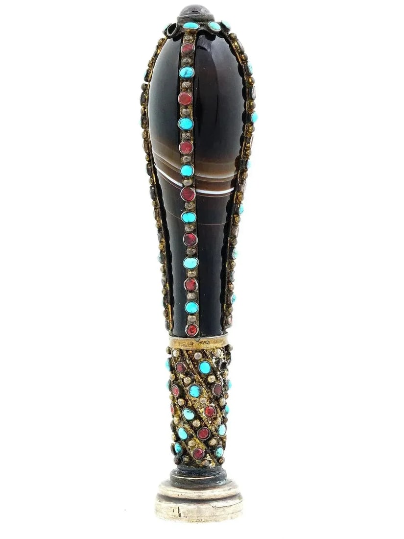 Antique Silver Turquoise and Garnet Mounted Black Agate Seal - 4