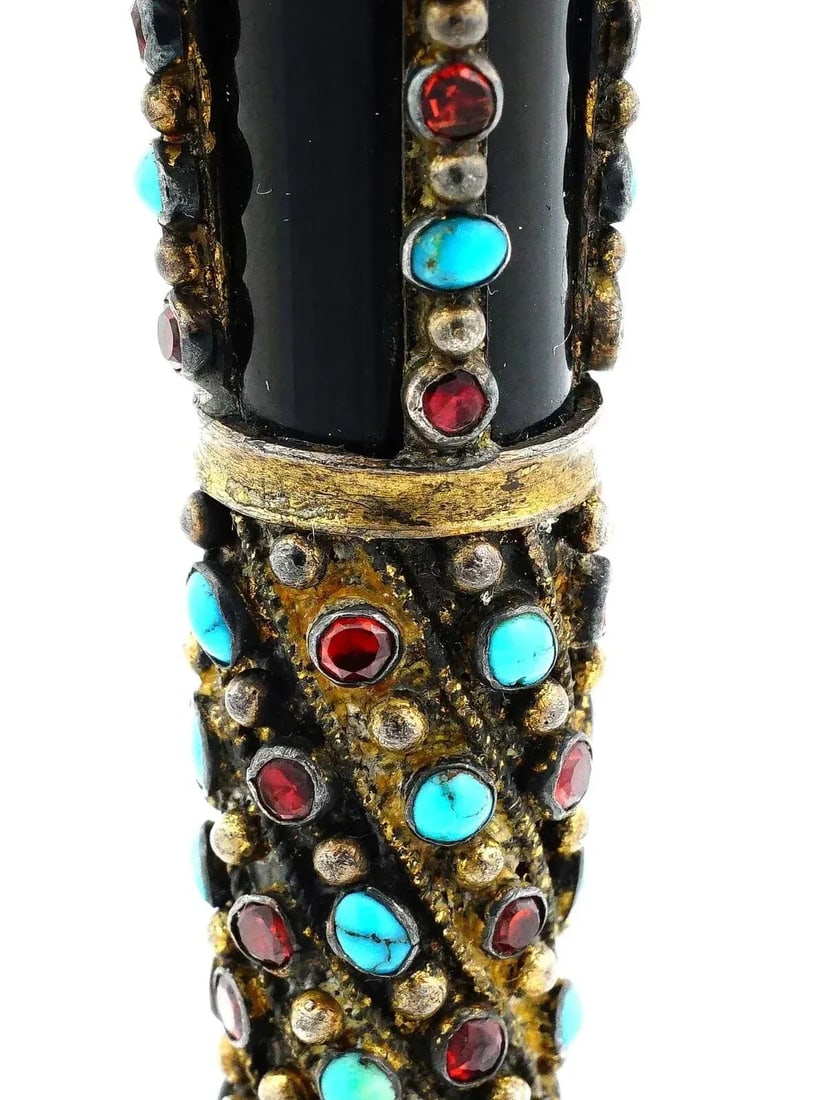 Antique Silver Turquoise and Garnet Mounted Black Agate Seal - 6
