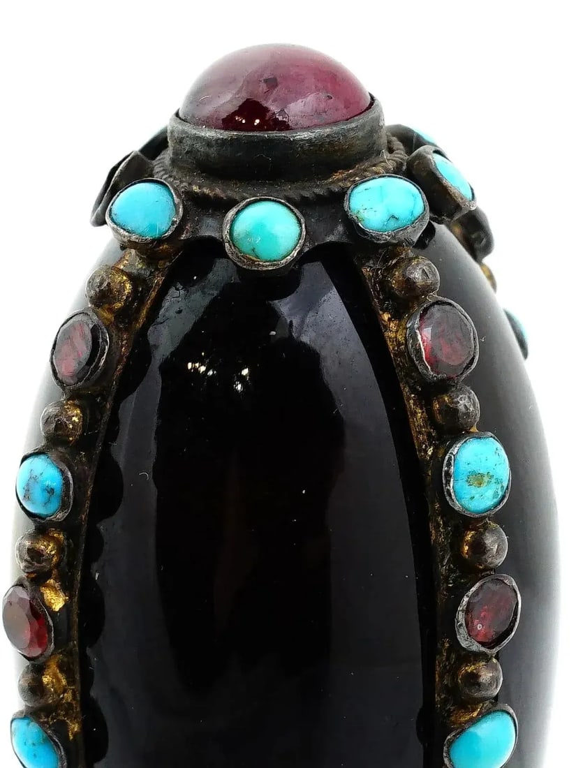 Antique Silver Turquoise and Garnet Mounted Black Agate Seal - 7