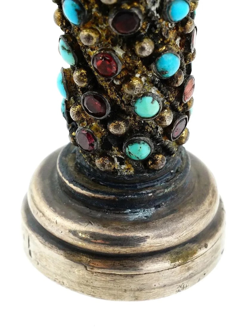 Antique Silver Turquoise and Garnet Mounted Black Agate Seal - 8