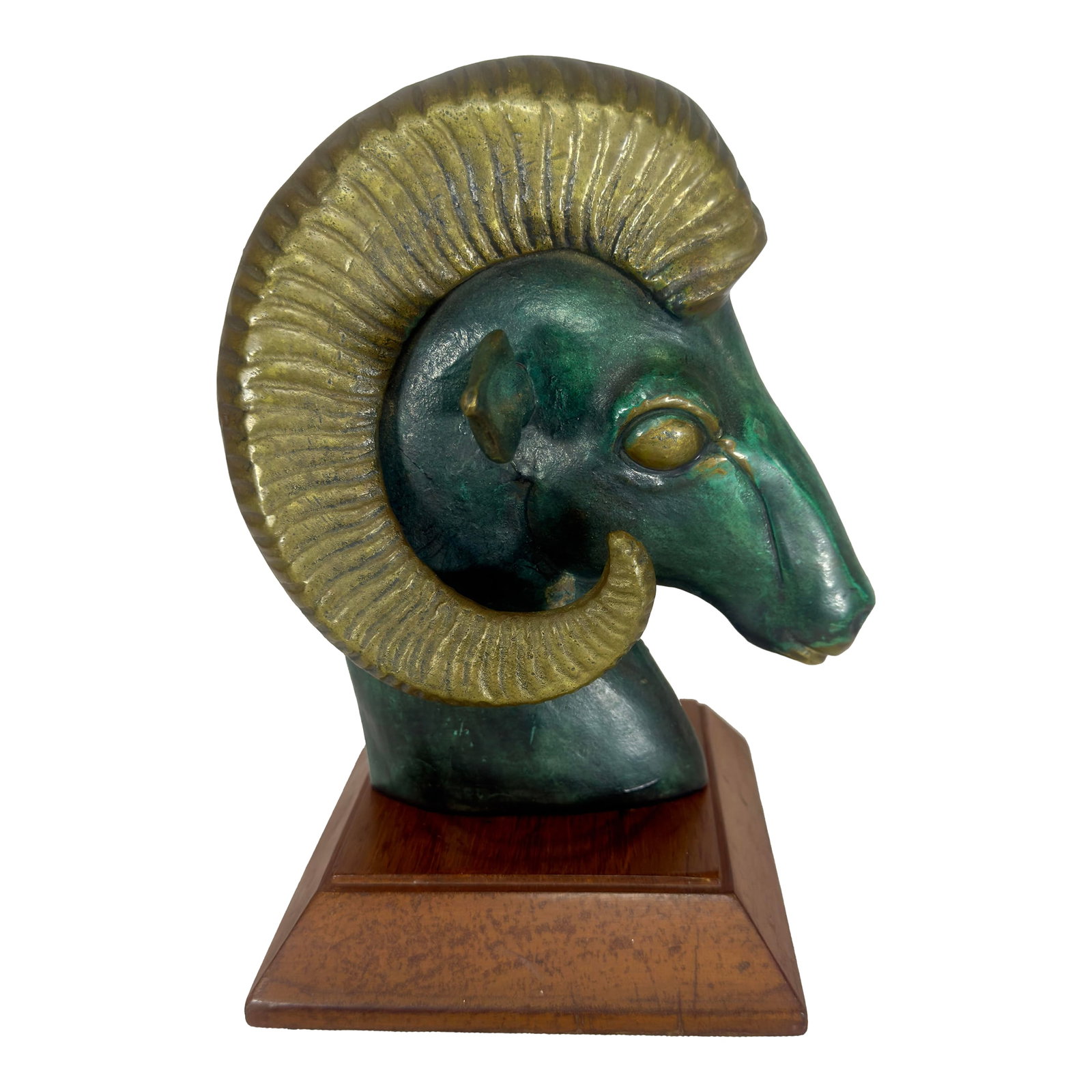Mid Century Brass & Verdigris Patina Ram Bust - La Barge / Marbro Style: Elevate your space with this striking vintage Hollywood Regency brass ram's head bust sculpture. Masterfully crafted with a heavy, solid metal construction, this piece features a brilliant, polished