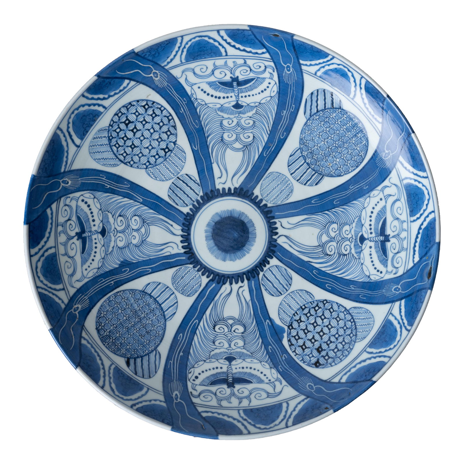 Japanese Edo Period Blue and White Charger, c.1800: A Japanese Edo period blue and white charger, circa 1800. 17 Â½ inches wide by 3 inches tall Condition: Alterations: Original Condition Unaltered Imperfections: Some Imperfections Condition