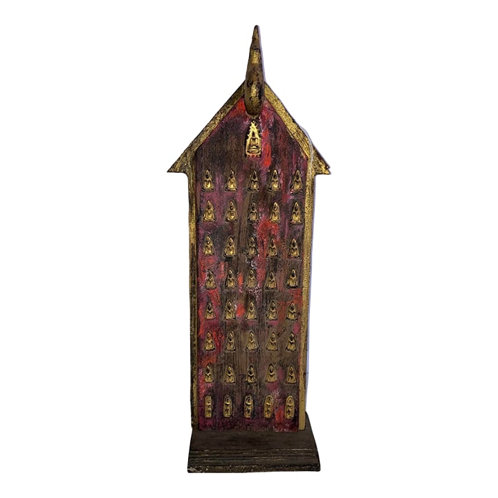 20th Century Thai Wood & Lacquer Votive Tablet: Buddhist votive tablet with gilding throughout and traditional flame at apex. Historical uses include for devotional purposes, as well as souvenirs of visits to Buddhist sites. Base dimensions 8" x