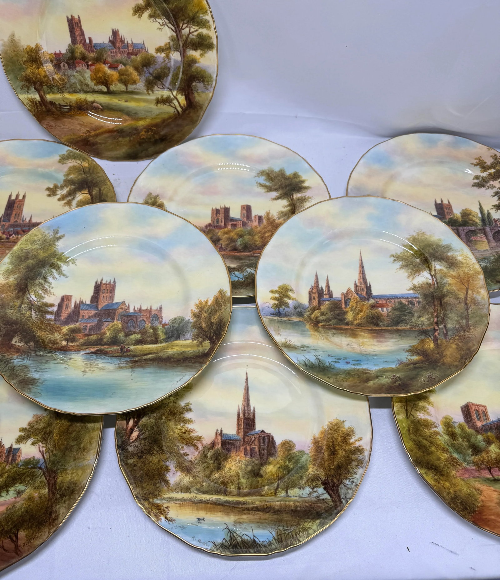 12 Royal Worcester Hand-Painted Porcelain "Cathedral" Cabinet Plates Circa 1941 - 4