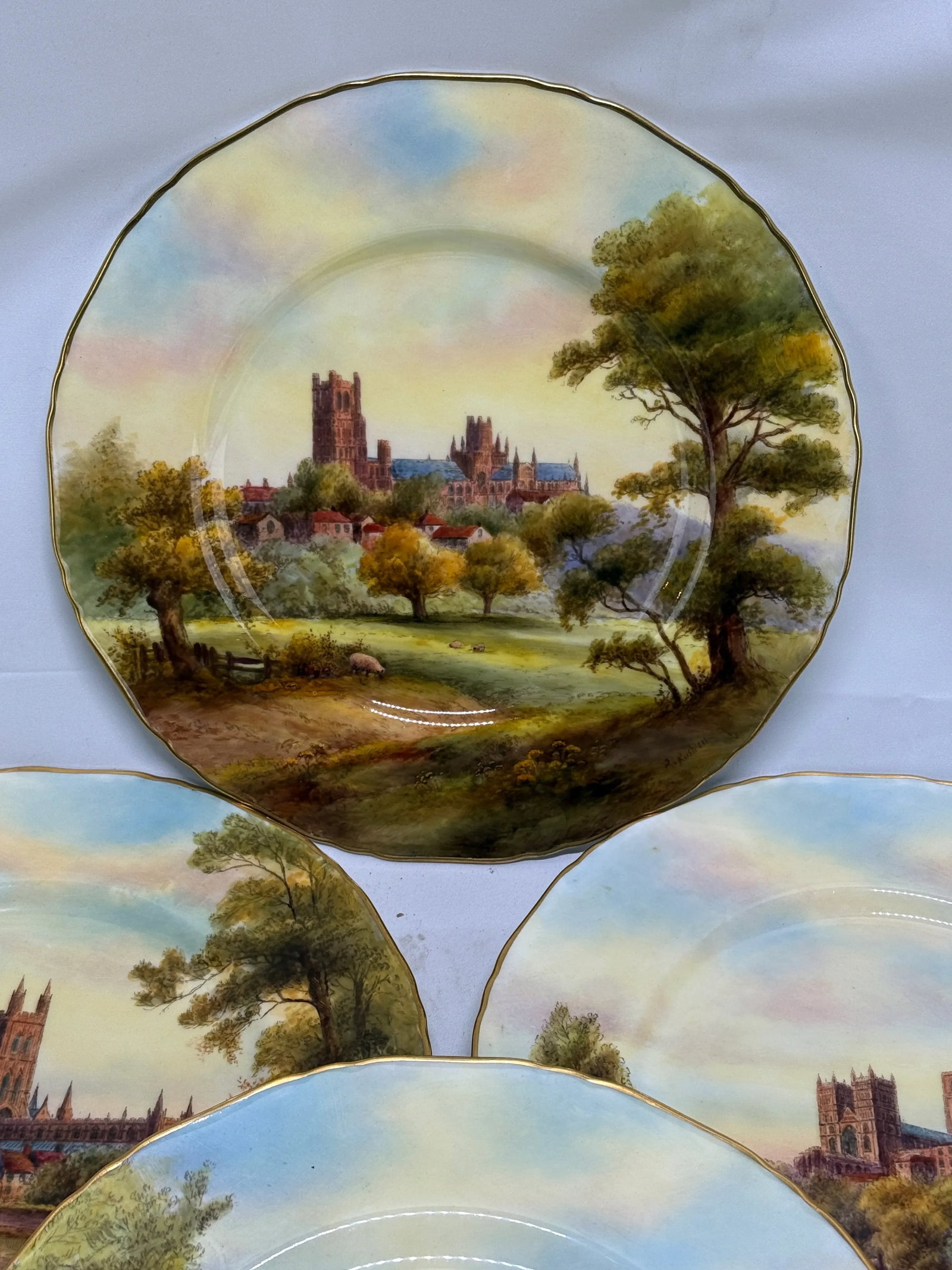 12 Royal Worcester Hand-Painted Porcelain "Cathedral" Cabinet Plates Circa 1941 - 5