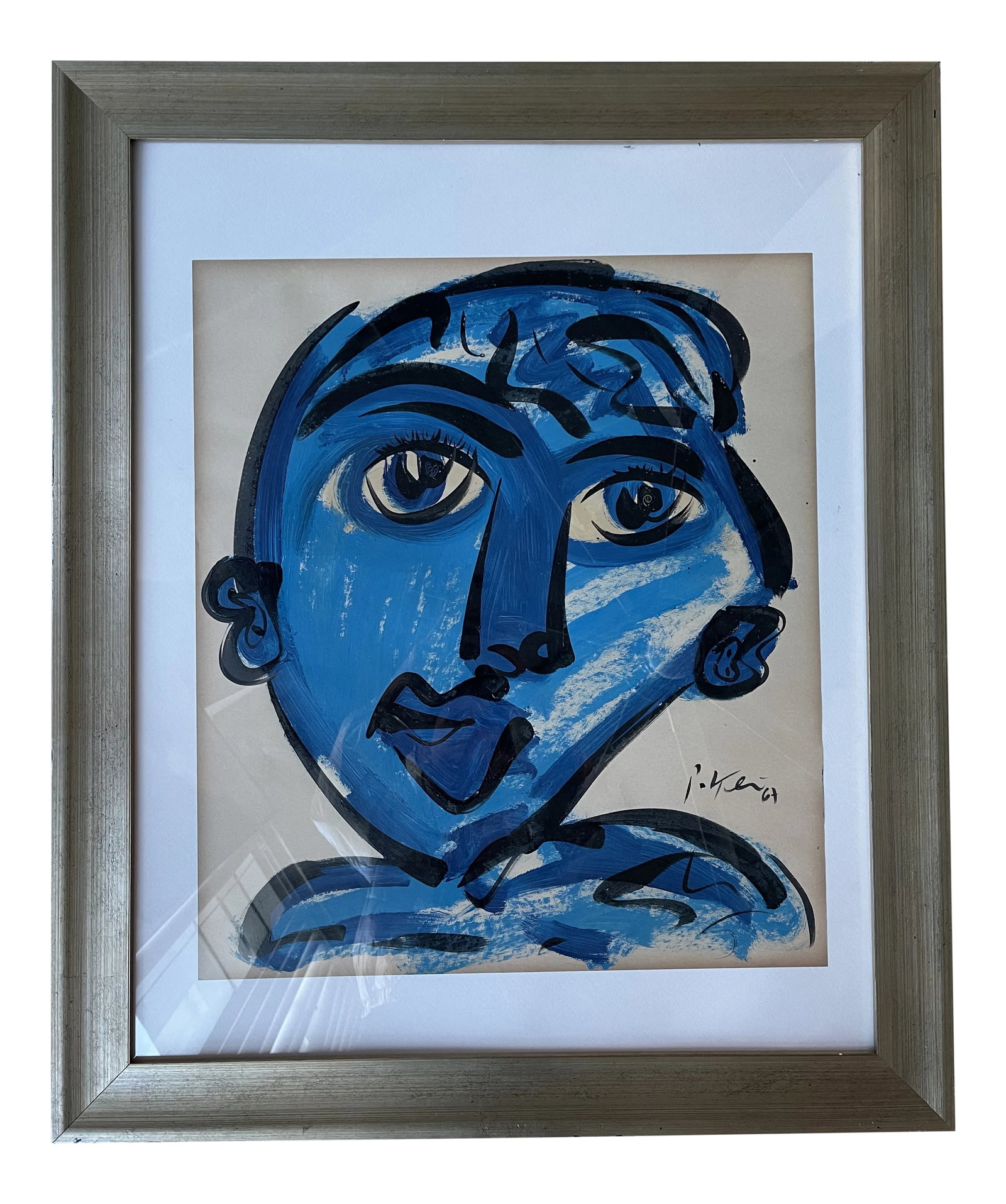 1967 Abstract Portrait Acrylic Painting by Peter Keil, Framed: Peter Keil is a German artist that focuses primarily on abstract expressionism. Keil painted with some of the greats including Joan Miró, Pablo Picasso and Andy Warhol, to name a few. This is an 