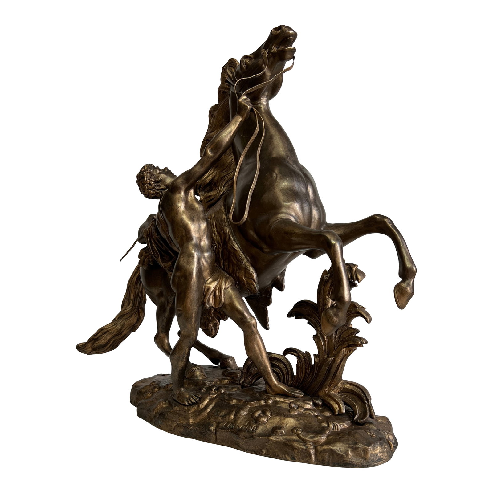 Antique Bronze Sculpture Styled After Cheval De Marly by Guillaume Coustou: This antique bronze sculpture, measuring approximately 14 inches in height and 15 inches across, channels the dramatic vigor of Guillaume Coustou's Chevaux de Marly"”the iconic marble pair