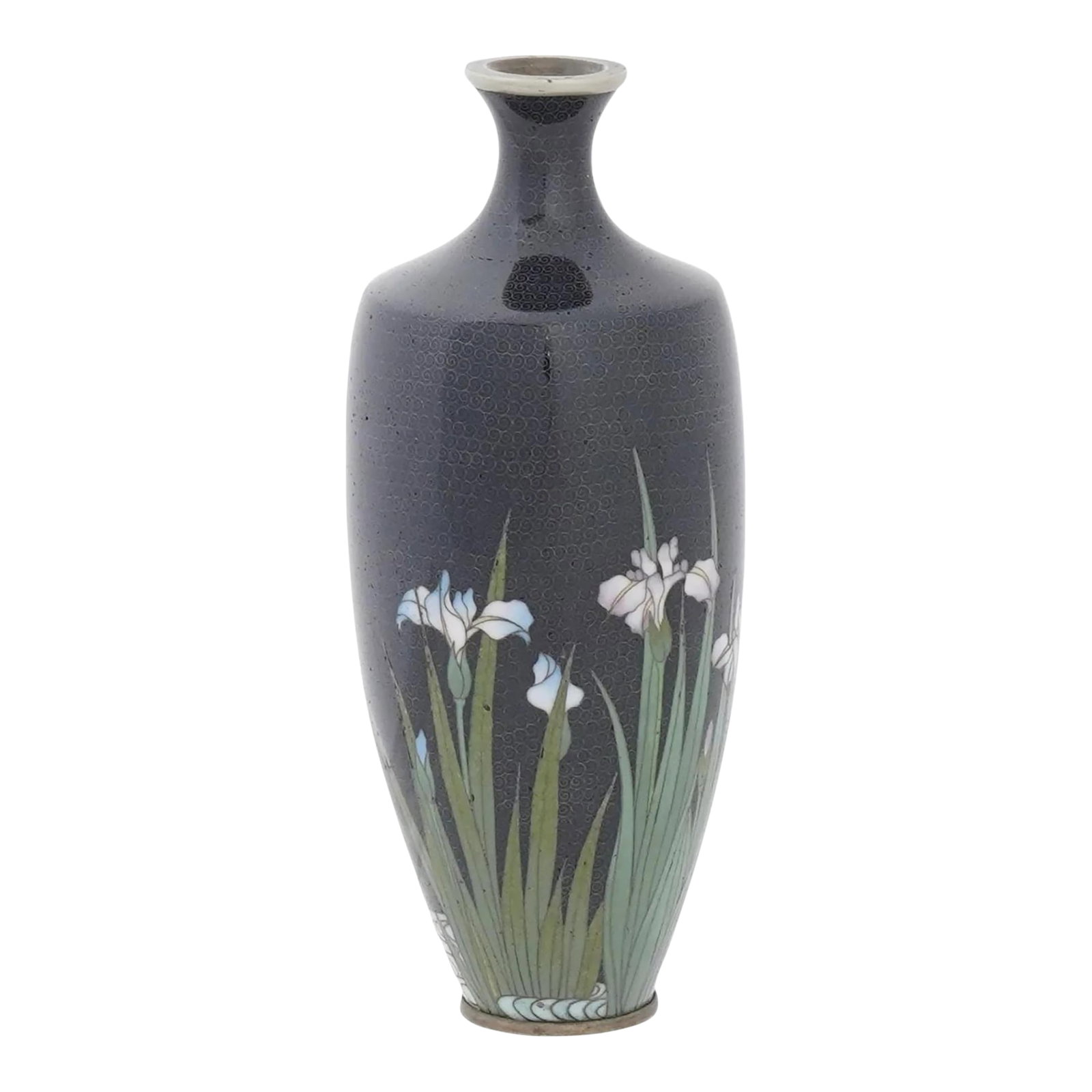 Late 19th Century Exquisite Meiji Japanese Cloisonne Silver Wire Vase Irises on Karakusa: This exquisite Japanese Meiji cloisonné vase showcases delicate white and blue irises worked in fine silver wire against a shimmering karakusa ground. The refined contrast of the bold blossoms