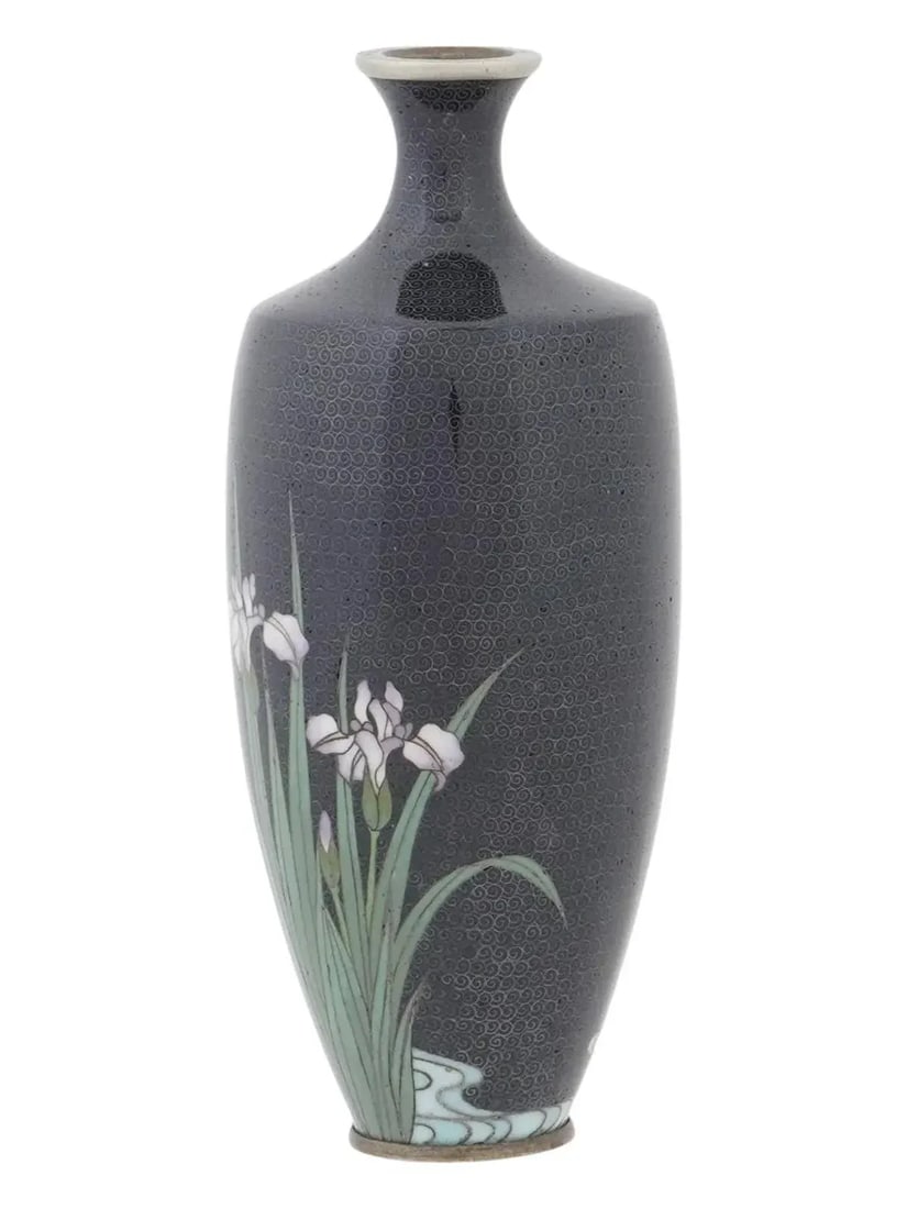 Late 19th Century Exquisite Meiji Japanese Cloisonne Silver Wire Vase Irises on Karakusa - 2