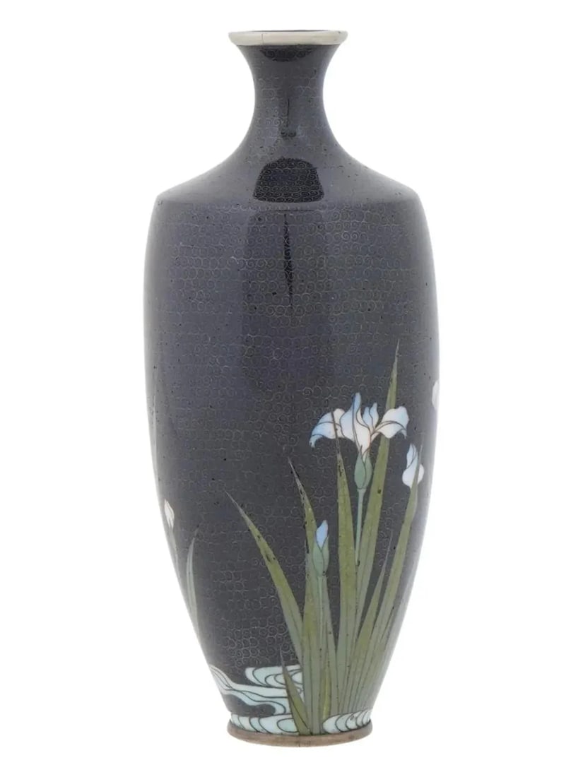 Late 19th Century Exquisite Meiji Japanese Cloisonne Silver Wire Vase Irises on Karakusa - 5