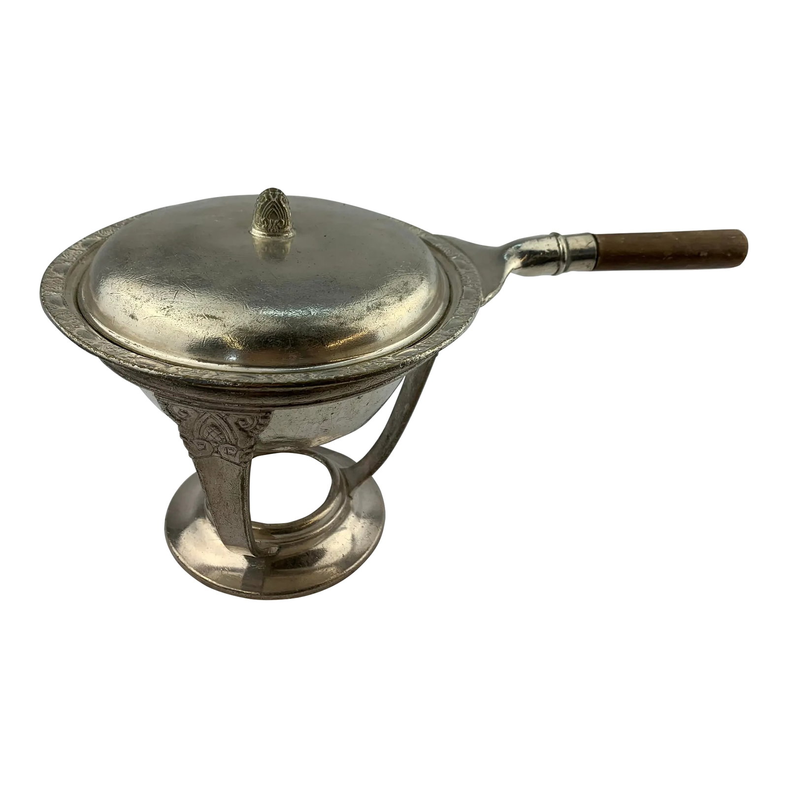 1960s Vintage Silverplate Serving Pot: 1960s vintage Silverplate quart size serving pot with matching lid and sterno heating stand. Condition: Alterations: Original Condition Unaltered Imperfections: Some Imperfections Condition Notes:
