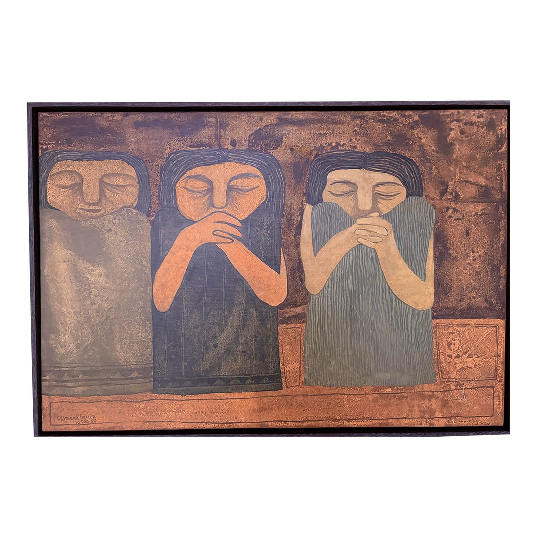 1967 Gil ImanÃ¡ "Tres Mujeres" Original Oil Painting: This is an original, captivating oil painting by Gil ImanÃ¡. Painting has been professionally framed in a box frame. Gil ImanÃ¡ Garrón (16 July 1933 - 28 January 2021) was a