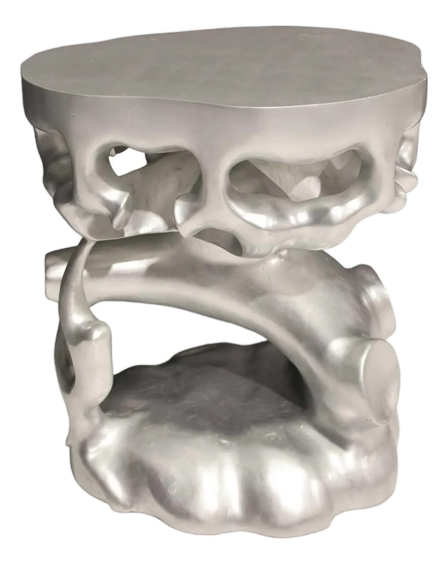 Silver Leaf Truffle Trunk Side Table Attributed to Scala Luxury: Discover timeless elegance with the Scala Luxury Silver Leaf Truffle Trunk Side Table, exclusively at circa20c. Hand carved from solid wood and finished in a lustrous silver leaf, this piece shines