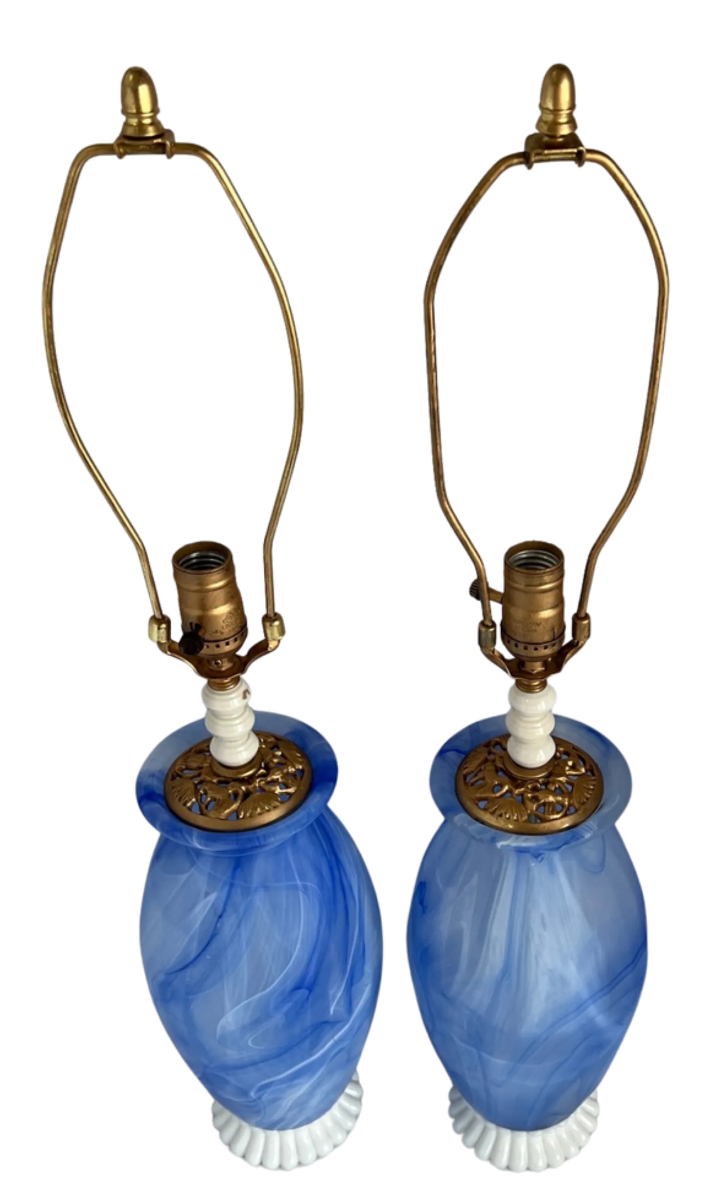 Art Glass Vetreria Swirl Frosted Blue Milk Glass Table Lamps- A Pair - 7