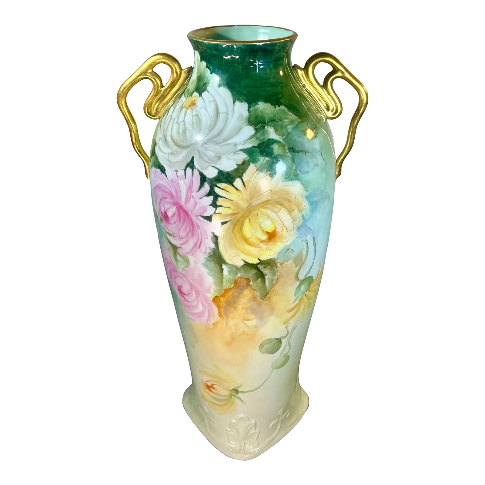 Antique Limoges 17" Handled Porcelain Vase: Hand painted Chrysanthemum decor having pink and white tones on a soft green background with uniquely designed gold trim handles and faint crow's foot in base. Unmarked Limoges. Condition: Alterations