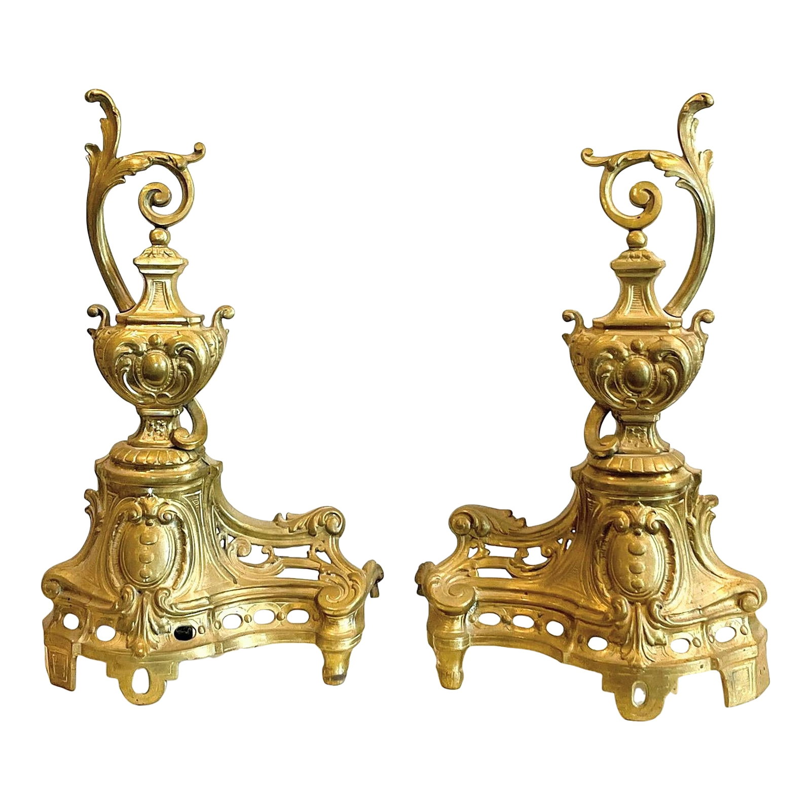 Beautiful Pair of Vintage French Baroque Brass Fireplace Andirons With Ewer Style Finial Design: Beautiful pair of Vintage French Baroque Style Brass Fireplace Andirons With Ewer Style Finial Design. Condition: Alterations: Original Condition Unaltered Imperfections: Some Imperfections Condition