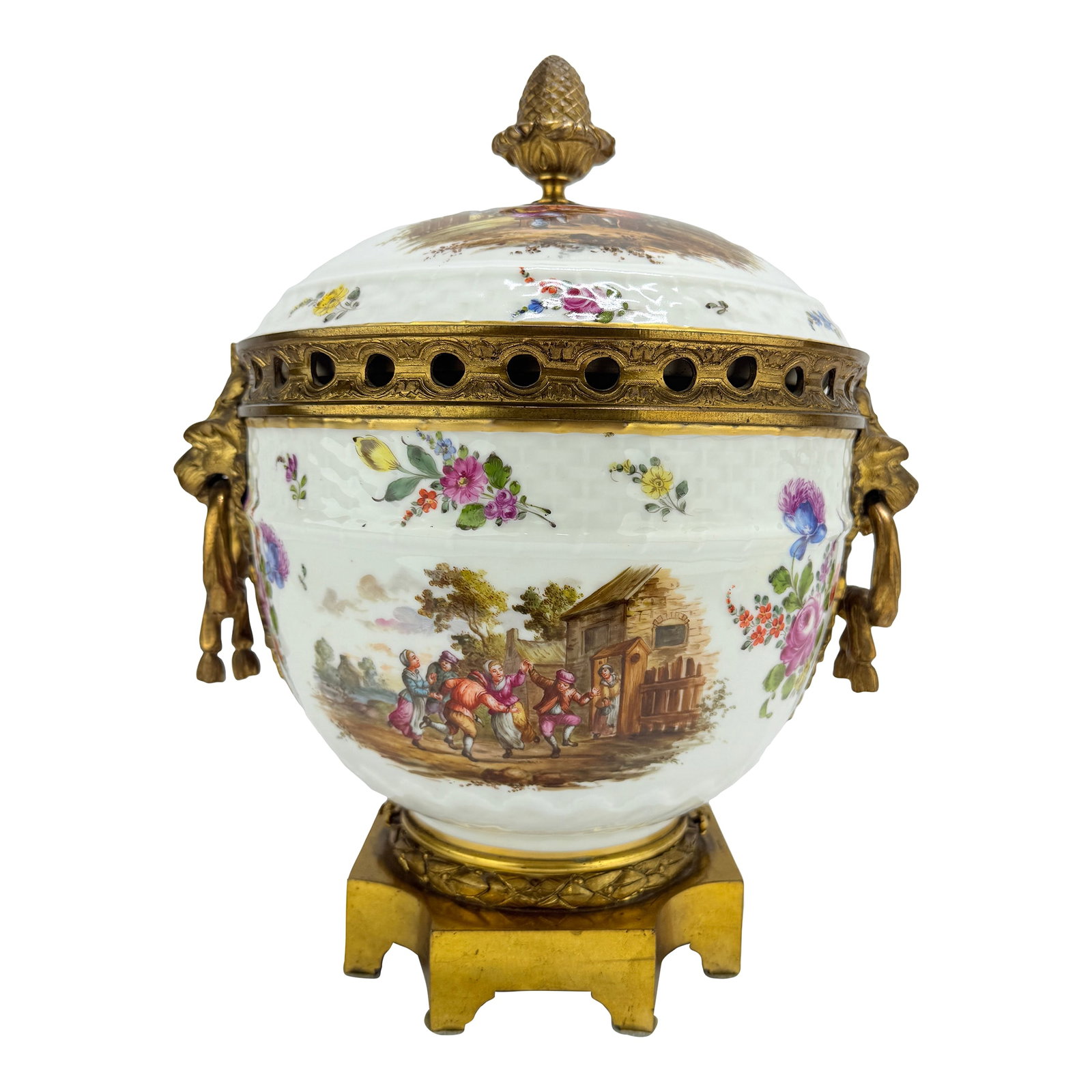 Large Samson Porcelain and Ormolu Covered Urn in the Meissen Style, Late 19th C: An exceptionally detailed Samson porcelain and gilt bronze covered urn or potpourri vase , Paris, late 19th century, executed in the Meissen manner. The baluster-form vessel is richly enameled with pa
