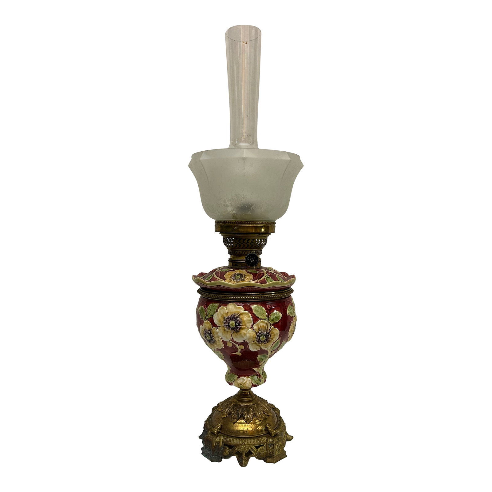 Late 19th Century Art Nouveau Ceramic & Brass Oil Lamp (With Matching Candle Chandelier): A finely preserved late-Victorian Art Nouveau oil lamp, attributed to Hinks & Son of London (est. 1865), one of England's foremost makers of duplex and patent self-lighting lamps. Height: 27.5 in (ove