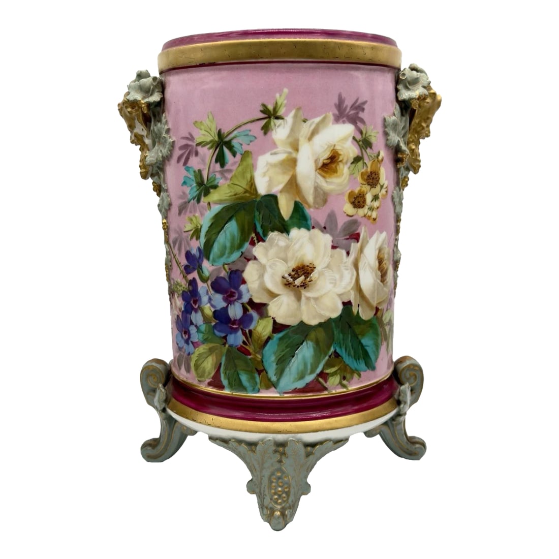 Antique French Porcelain Jardiniere: Beautiful antique French porcelain jardiniere, vase or footed planter with vibrant painted floral design and gilt accents, 19th century. Condition: Alterations: Original Condition Unaltered